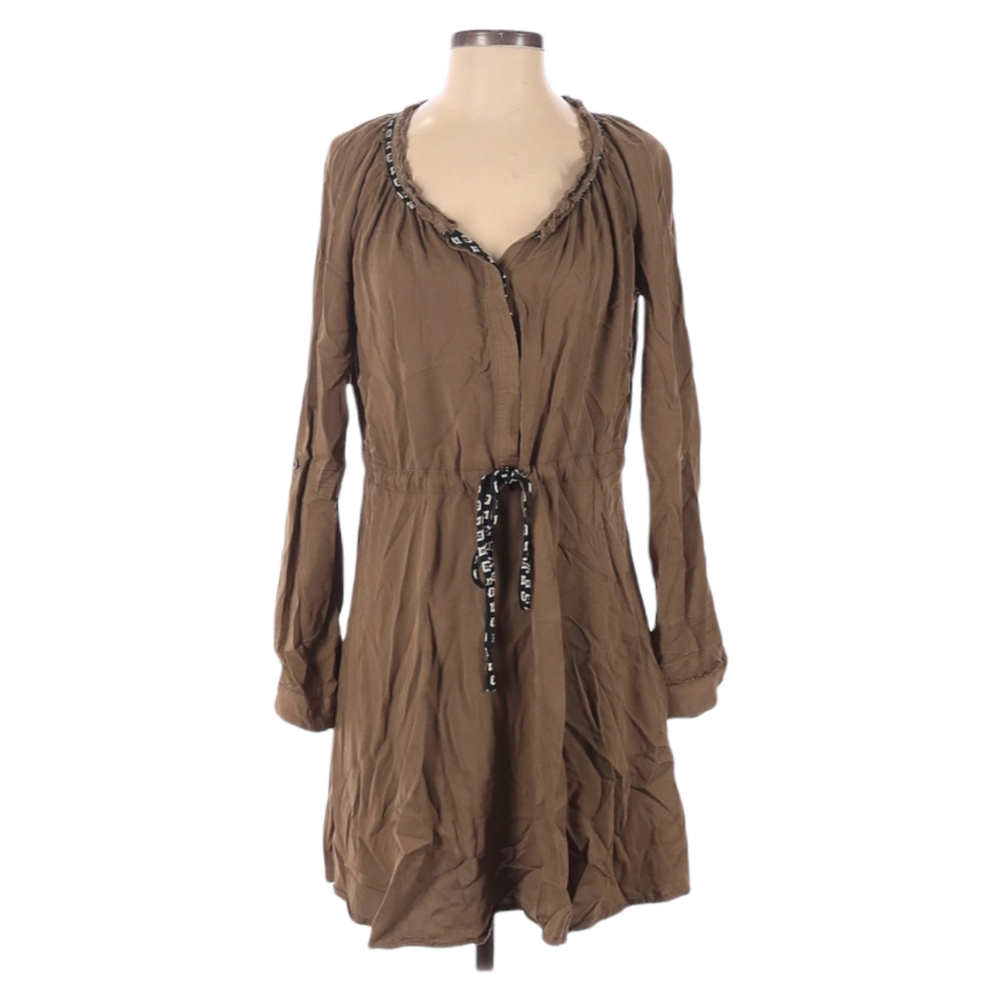 Anthro‎ Mystree Long Sleeve Dress Size S Brown Tan Waist Tie Cuffs Rayon Boho